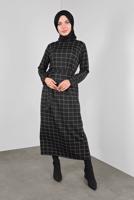 Tesettür giyim SİYAH BELİ KUŞAKLI KARELİ ELBİSE 7246