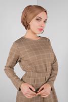 Tesettür giyim KAHVE BELİ KUŞAKLI KARELİ ELBİSE 7246