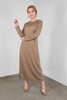 Tesettür giyim KAHVE BELİ KUŞAKLI KARELİ ELBİSE 7246