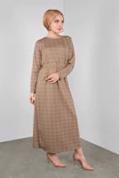 Tesettür giyim KAHVE BELİ KUŞAKLI KARELİ ELBİSE 7246