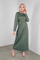 Tesettür giyim HAKİ BELİ KUŞAKLI KARELİ ELBİSE 7246