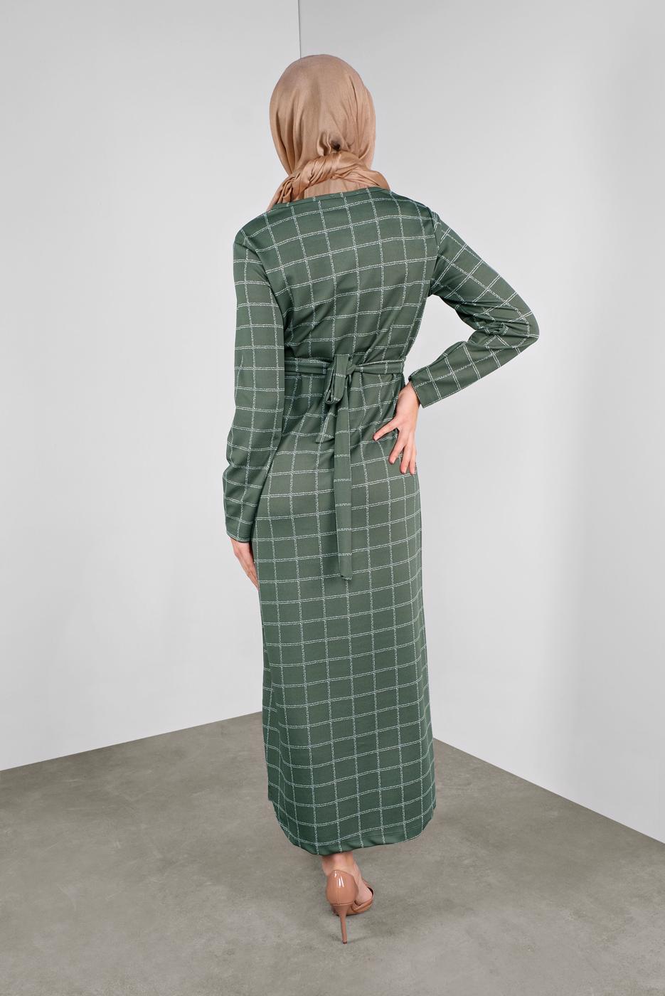 Tesettür giyim HAKİ BELİ KUŞAKLI KARELİ ELBİSE 7246