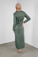 Tesettür giyim HAKİ BELİ KUŞAKLI KARELİ ELBİSE 7246