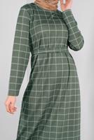 Tesettür giyim HAKİ BELİ KUŞAKLI KARELİ ELBİSE 7246