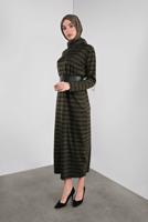 Tesettür giyim YEŞİL BOĞAZLI YAKA DESENLİ ELBİSE  7746 