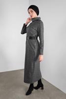 Tesettür giyim SİYAH BOĞAZLI KARELİ ELBİSE 9746 