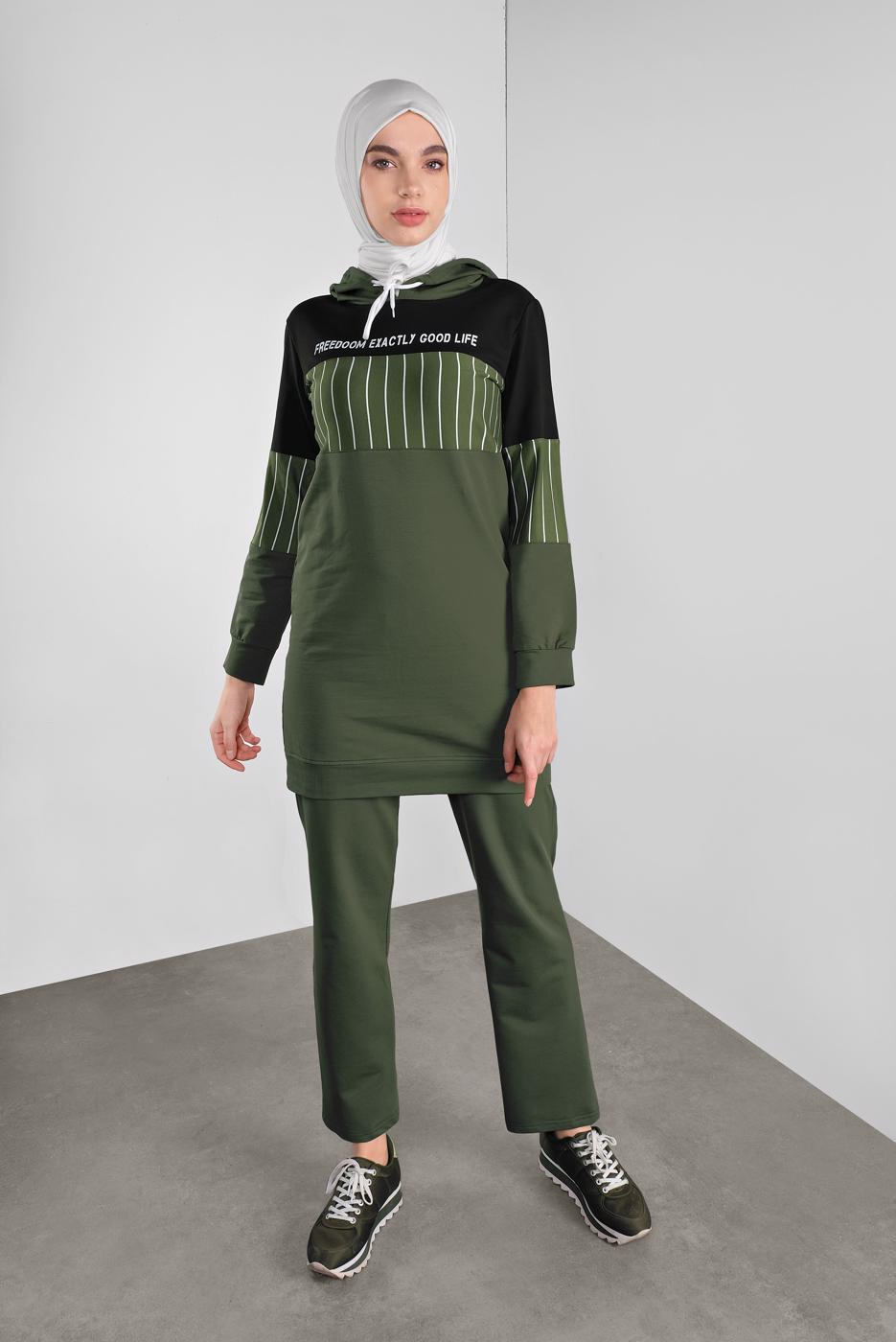 Tesettür giyim HAKİ ÇİZGİLİ PANTOLONLU EŞOFMAN TAKIM 1808 