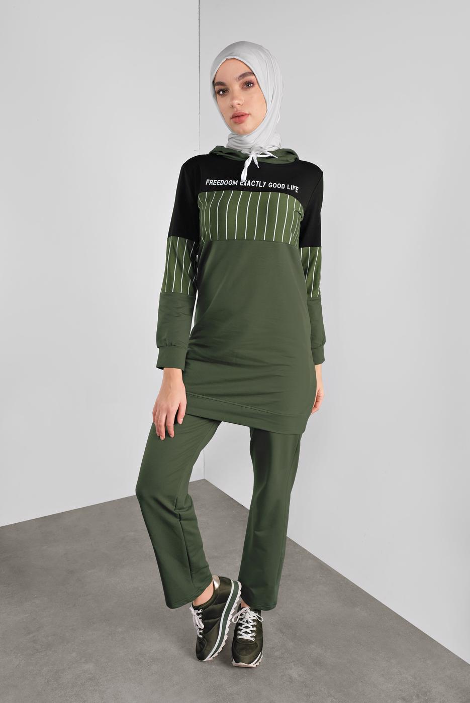 Tesettür giyim HAKİ ÇİZGİLİ PANTOLONLU EŞOFMAN TAKIM 1808 