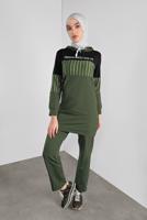 Tesettür giyim HAKİ ÇİZGİLİ PANTOLONLU EŞOFMAN TAKIM 1808 