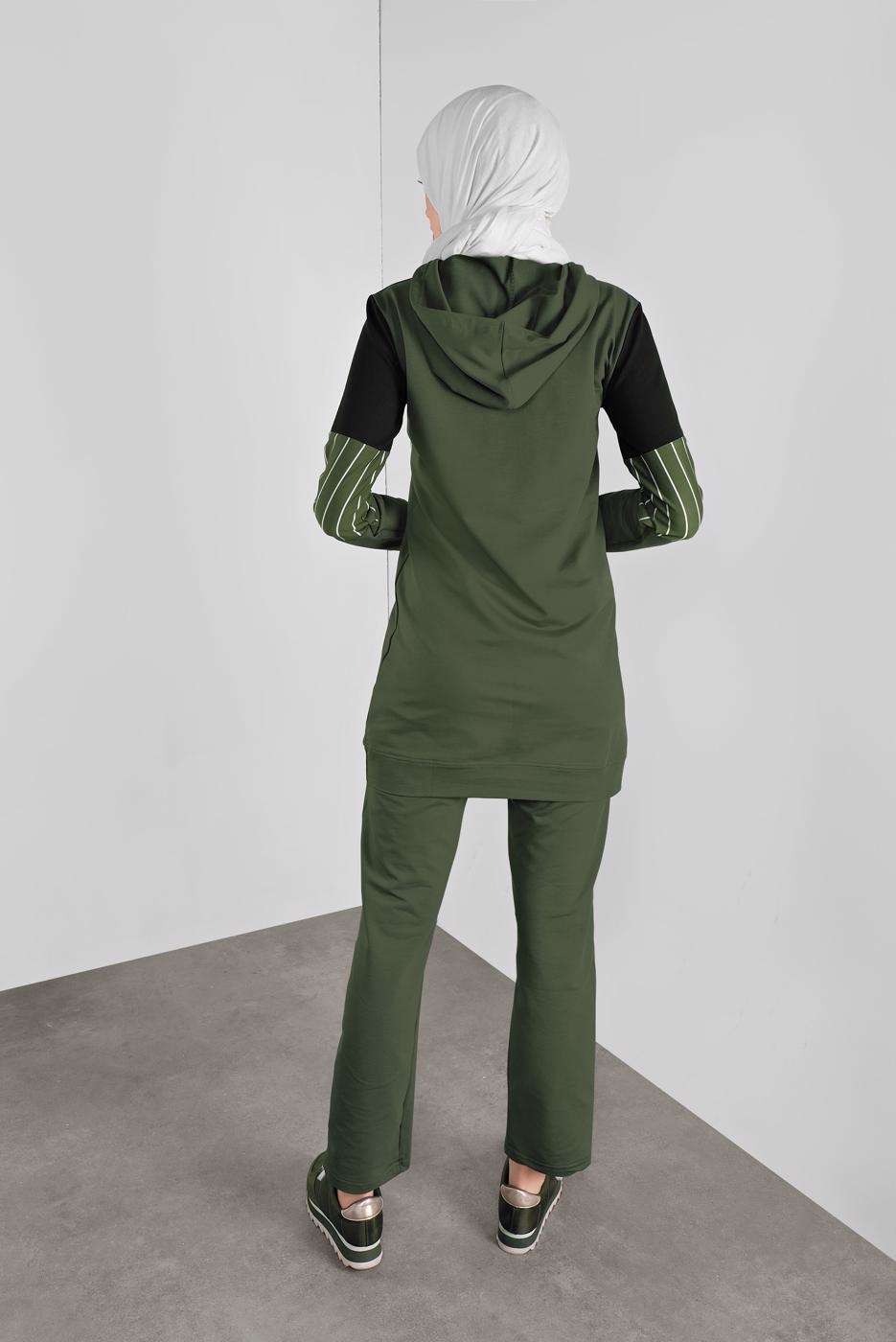 Tesettür giyim HAKİ ÇİZGİLİ PANTOLONLU EŞOFMAN TAKIM 1808 