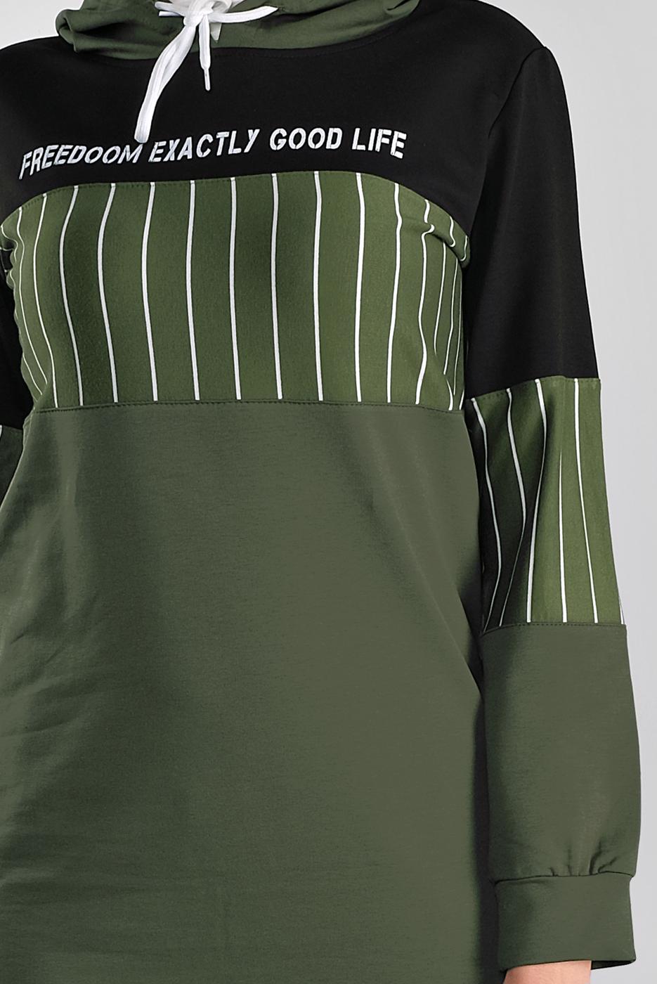 Tesettür giyim HAKİ ÇİZGİLİ PANTOLONLU EŞOFMAN TAKIM 1808 