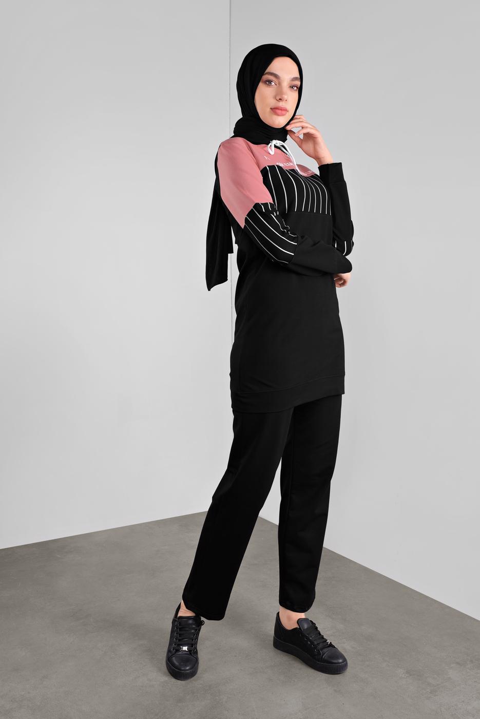 Tesettür giyim PEMBE ÇİZGİLİ PANTOLONLU EŞOFMAN TAKIM 1808 