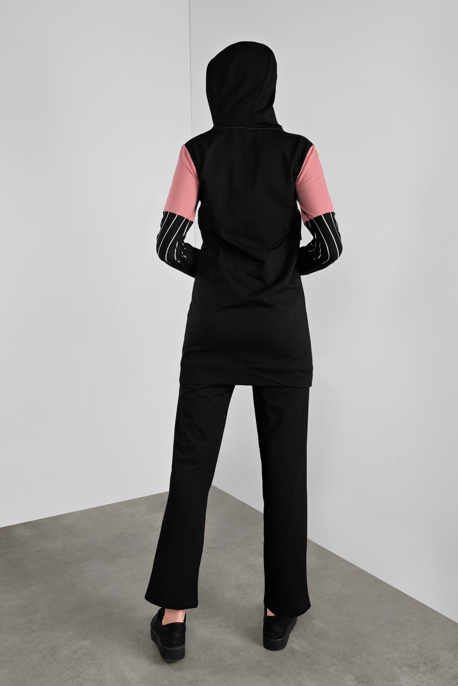 Tesettür giyim PEMBE ÇİZGİLİ PANTOLONLU EŞOFMAN TAKIM 1808 