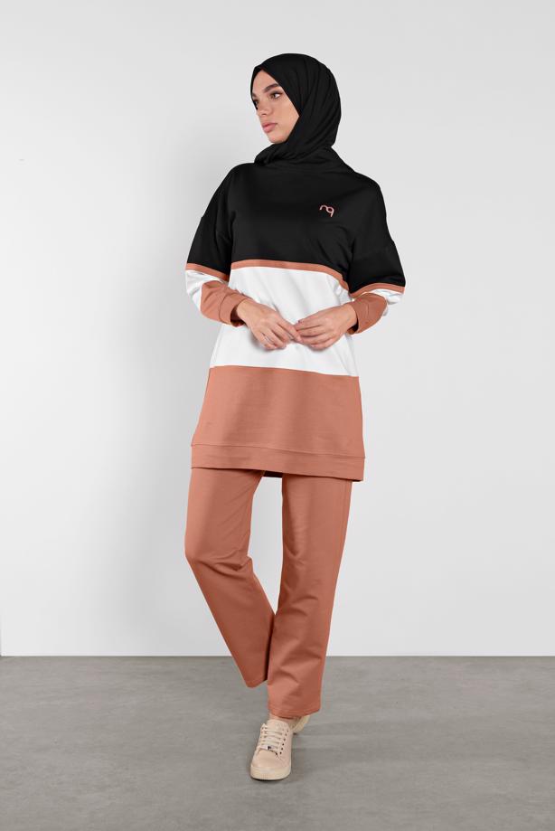 Hijab clothing BLACK COLORFUL COTTON TRACKSUIT 5708  - TRENDTESETTÜR