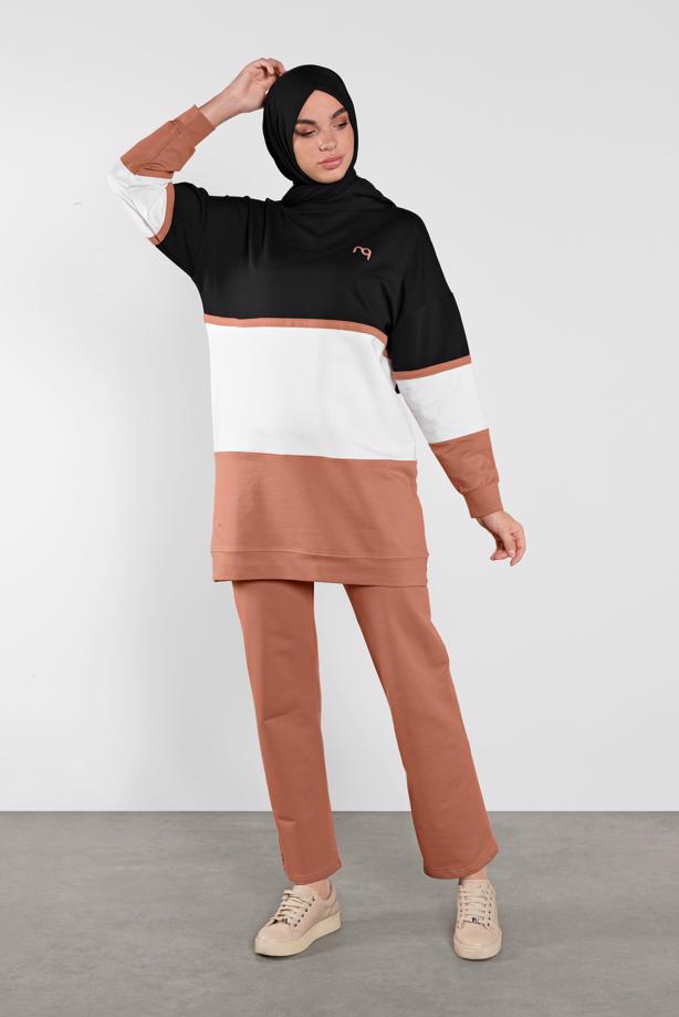 Hijab clothing BLACK COLORFUL COTTON TRACKSUIT 5708  - TRENDTESETTÜR