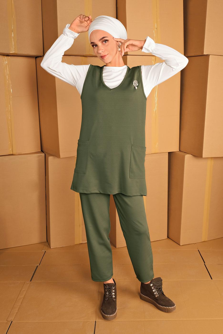 Tesettür giyim HAKİ KLASİK ÜÇLÜ PANTOLONLU TAKIM 7536 