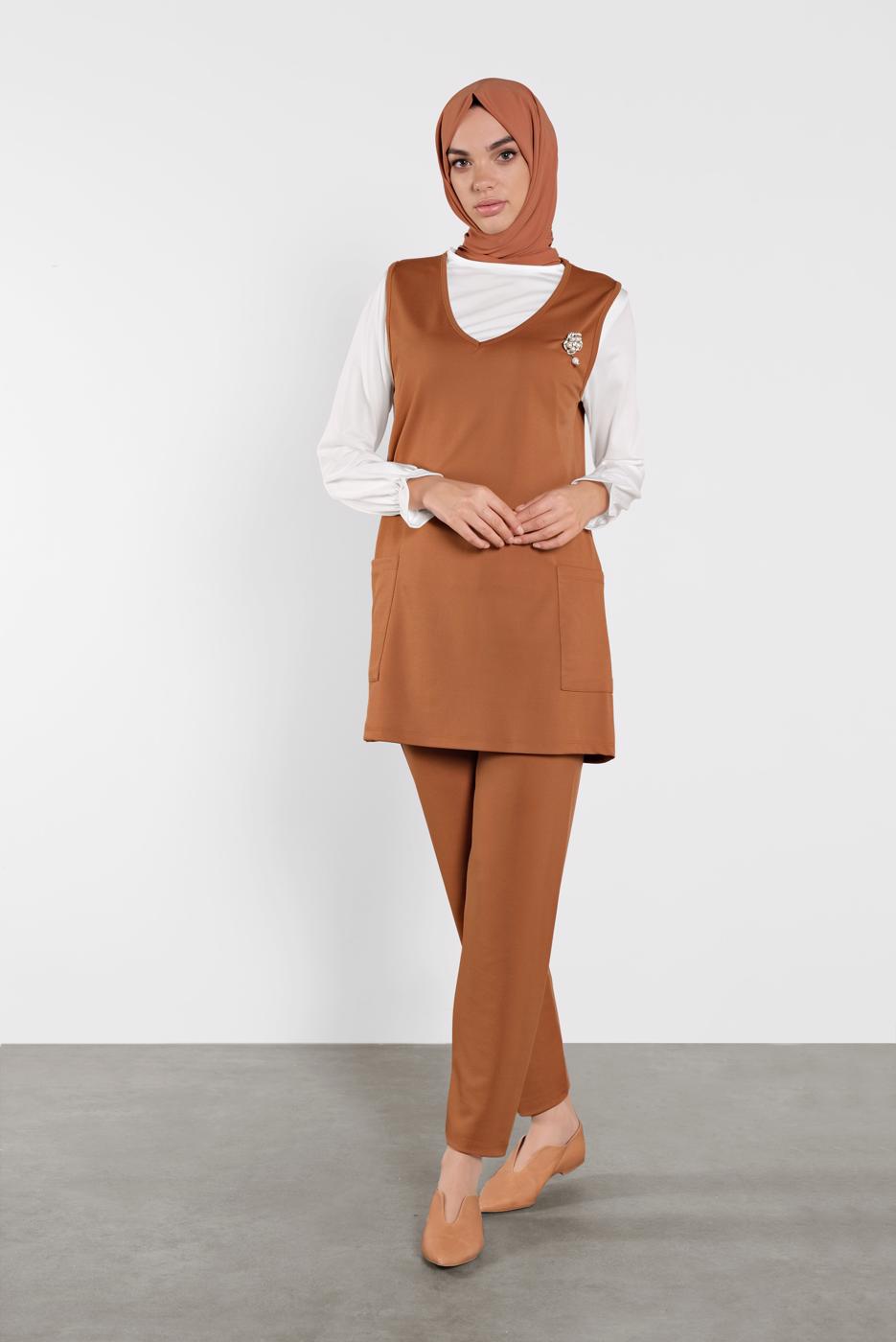 Tesettür giyim TABA KLASİK ÜÇLÜ PANTOLONLU TAKIM 7536 