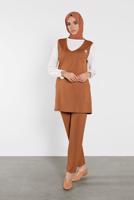 Tesettür giyim TABA KLASİK ÜÇLÜ PANTOLONLU TAKIM 7536 