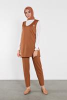 Tesettür giyim TABA KLASİK ÜÇLÜ PANTOLONLU TAKIM 7536 