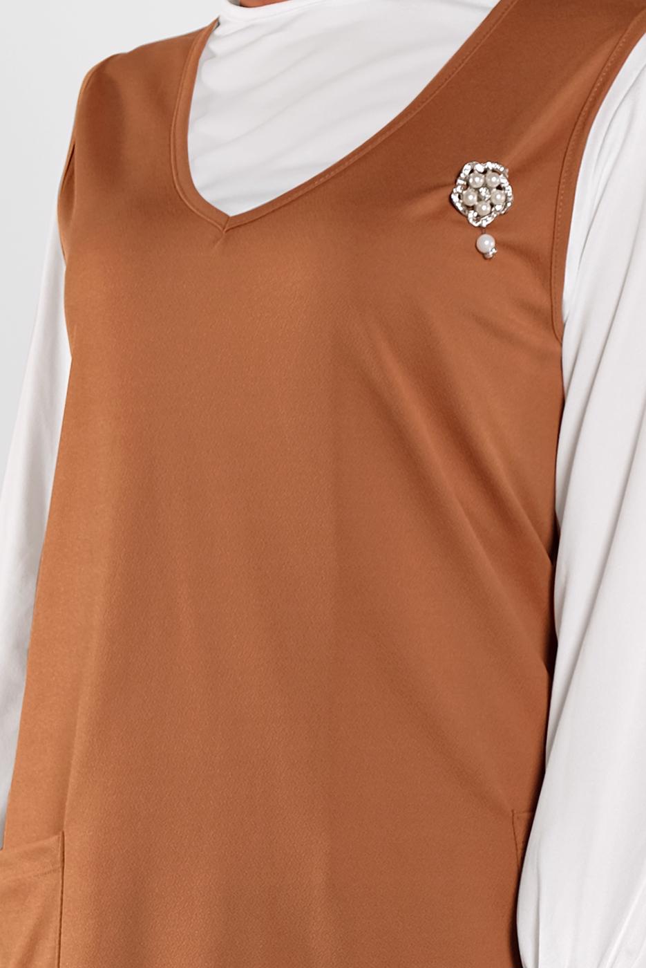 Tesettür giyim TABA KLASİK ÜÇLÜ PANTOLONLU TAKIM 7536 