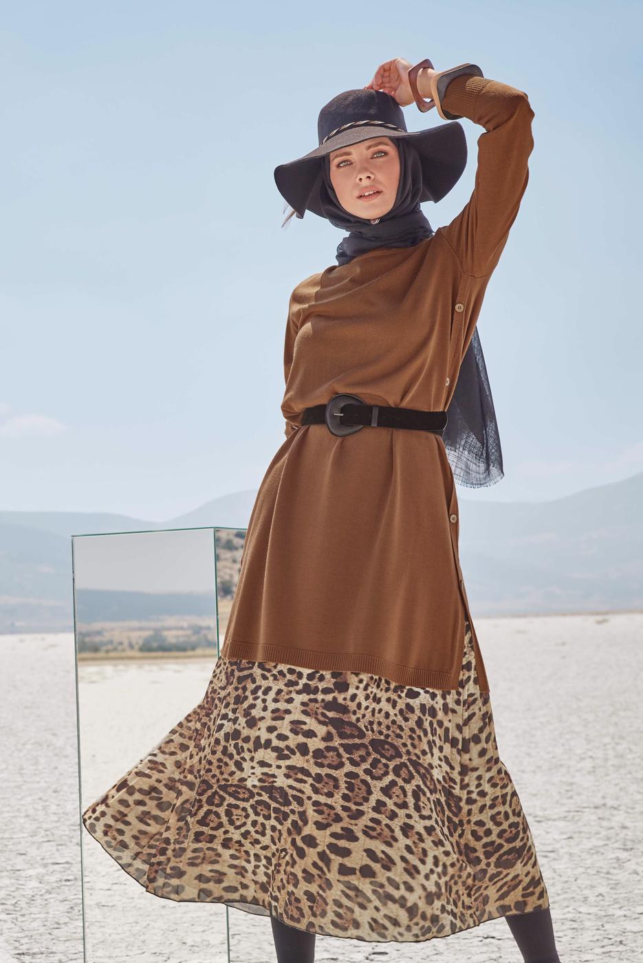 Vêtements hijab BRUN ALVİNA JUPE SALAS À FERMETURE ÉCLAIR ET MOTIF LÉOPARD 60012