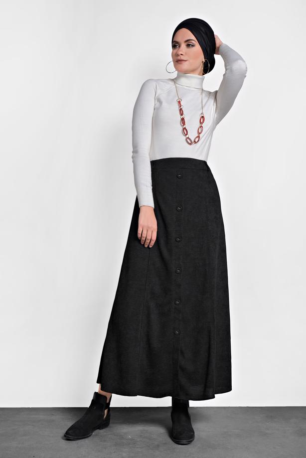 Vêtements hijab NOIR ALVINA JUPE EN VELOURS À BOUTONNÉE 60019  - TRENDTESETTÜR