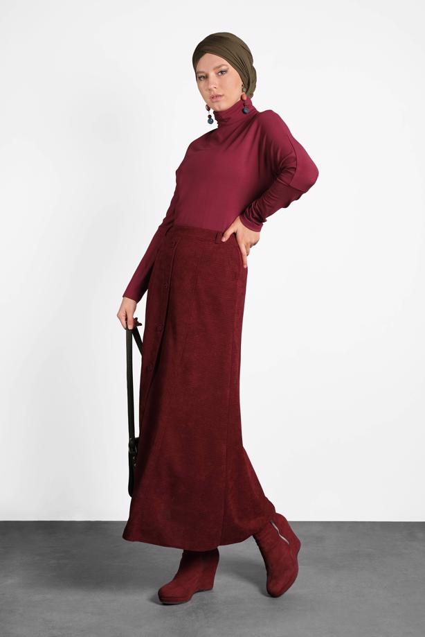 Vêtements hijab ROUGE BORDEAUX ALVINA JUPE EN VELOURS À BOUTONNÉE 60019  - TRENDTESETTÜR