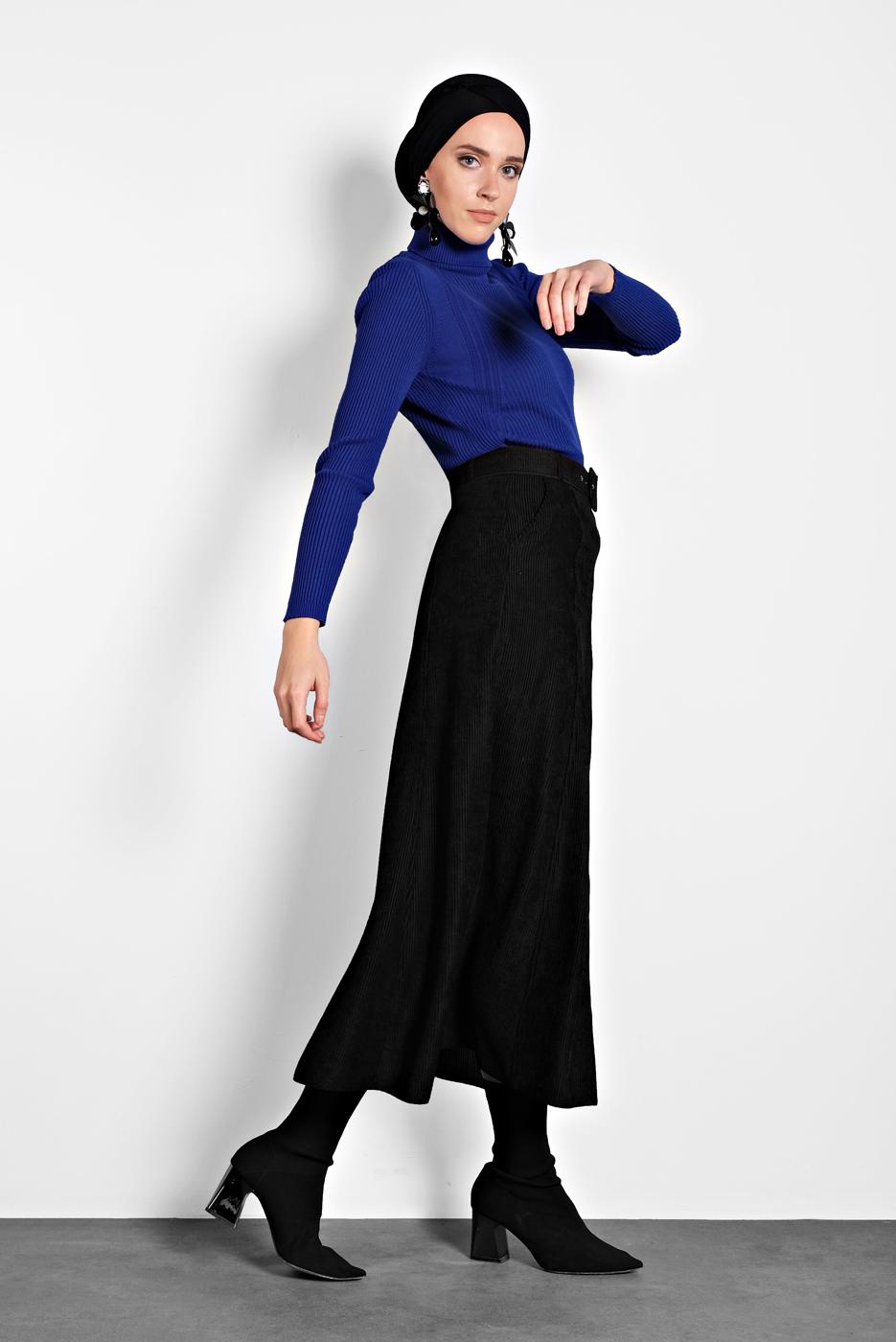 Tesettür giyim SİYAH  ALVİNA ŞÖNİL KADİFE ETEK 60020