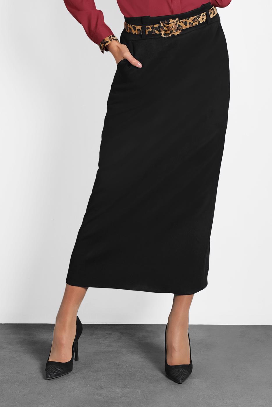 Tesettür giyim SİYAH  ALVİNA  KEMERLİ SÜET ETEK 60022