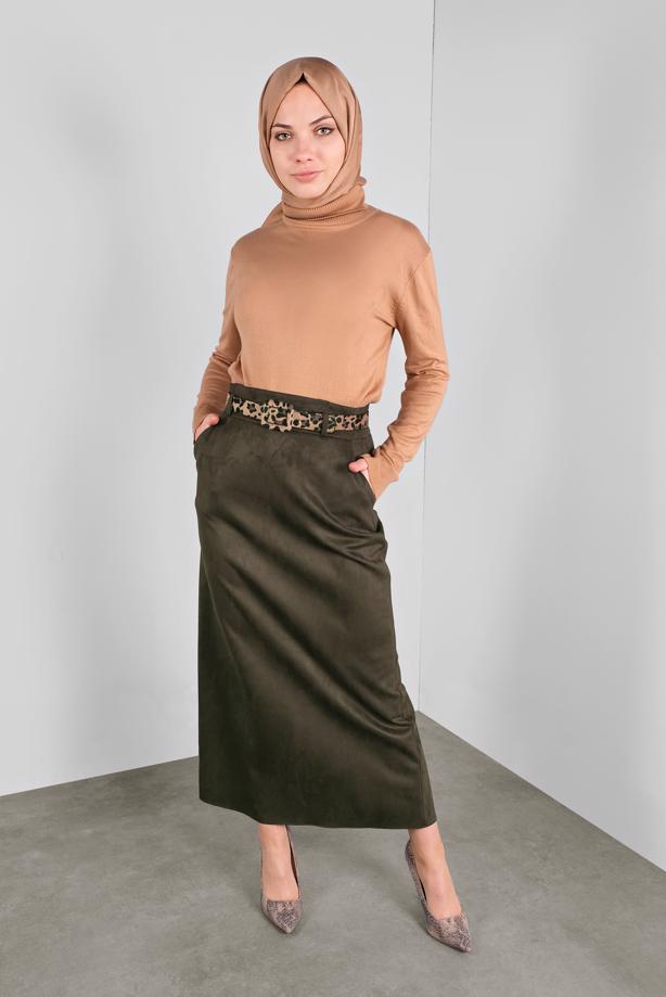 Vêtements hijab KAKI ALVINA JUPE EN DAIM AVEC CEINTURE 60022  - TRENDTESETTÜR