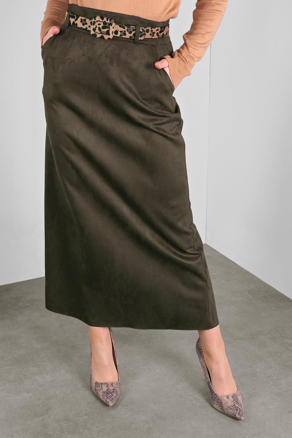 Tesettür giyim HAKİ  ALVİNA  KEMERLİ SÜET ETEK 60022