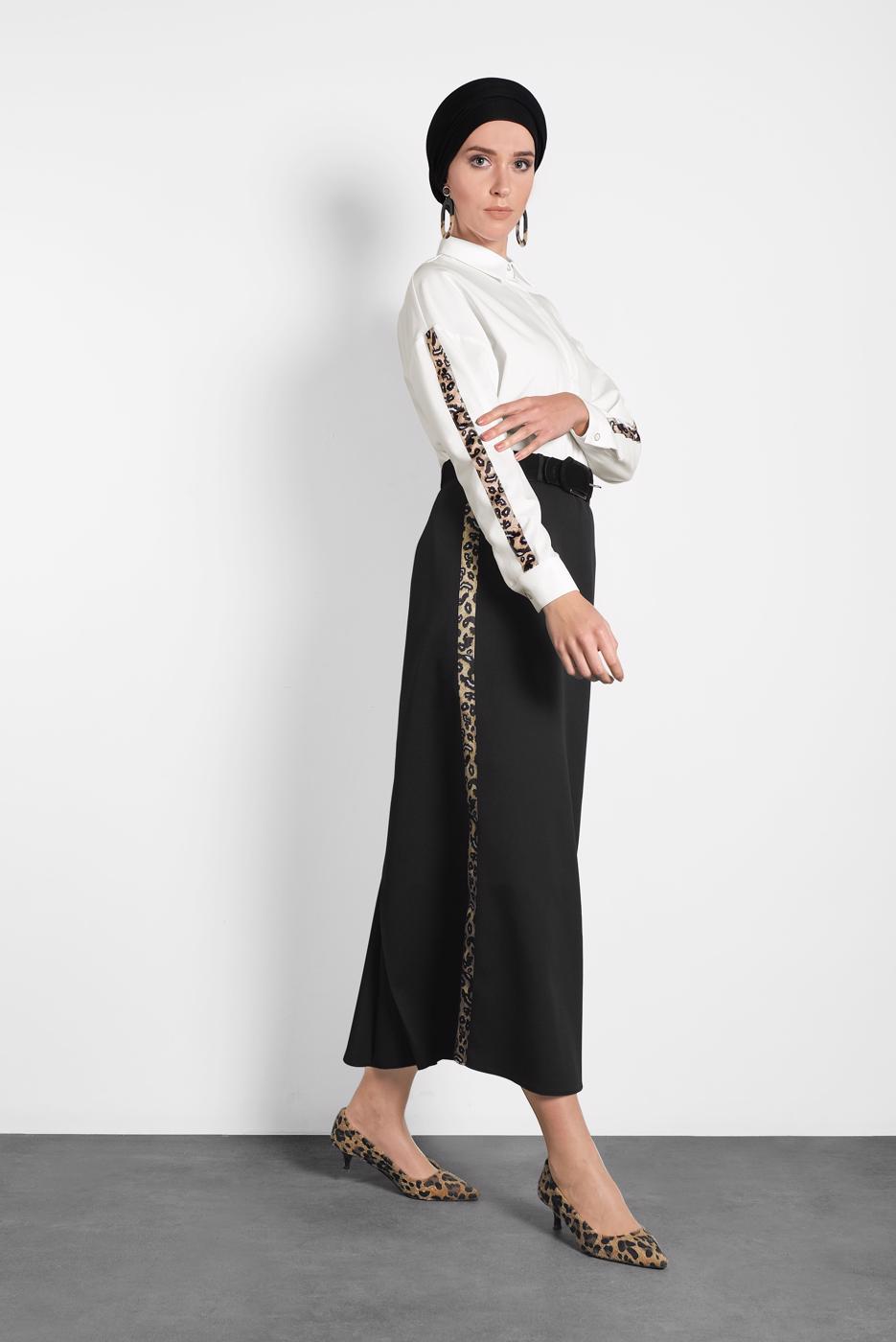 Tesettür giyim SİYAH ALVİNA ŞERİTLİ ETEK 60024