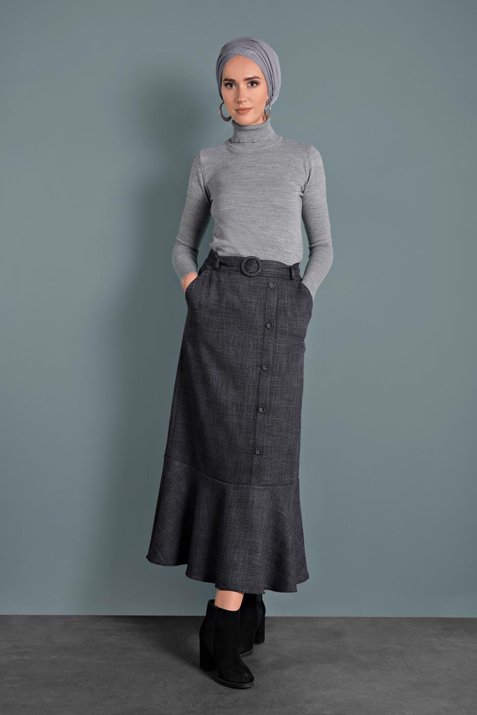 Tesettür giyim SİYAH ALVİNA EKOSE TROMPET ETEK 60027