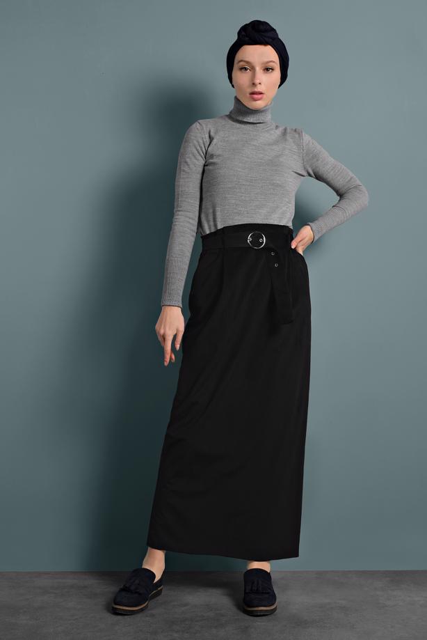 Vêtements hijab NOIR JUPE EN VELOURS AVEC CEINTURE ALVİNA 60034 - TRENDTESETTÜR