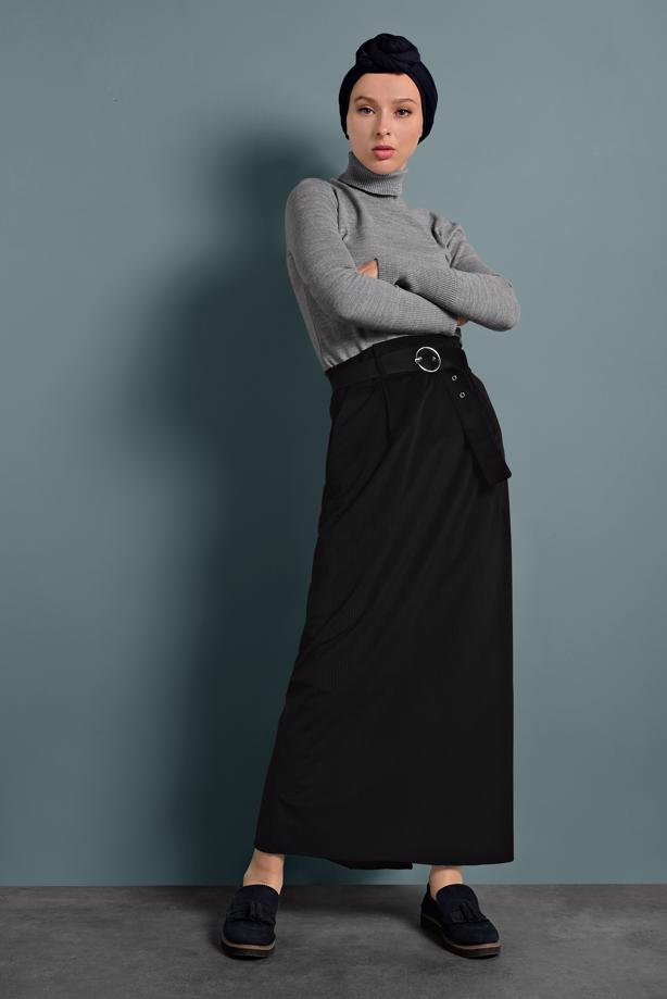Vêtements hijab NOIR JUPE EN VELOURS AVEC CEINTURE ALVİNA 60034 - TRENDTESETTÜR