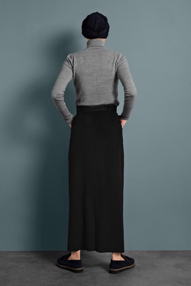 Vêtements hijab NOIR JUPE EN VELOURS AVEC CEINTURE ALVİNA 60034 - TRENDTESETTÜR