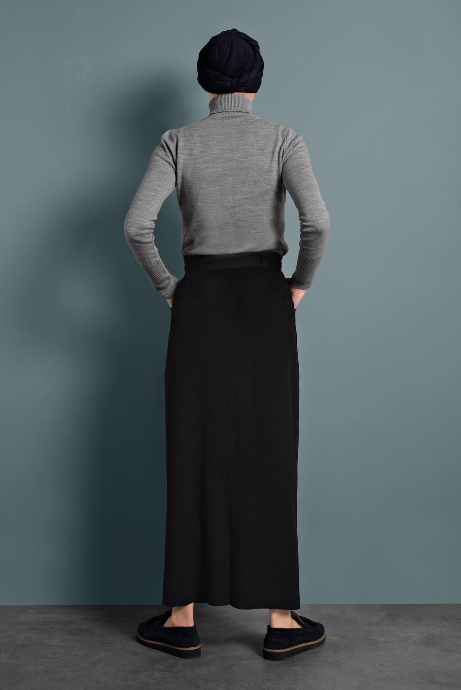 Tesettür giyim SİYAH ALVİNA KEMERLİ KADİFE ETEK 60034	