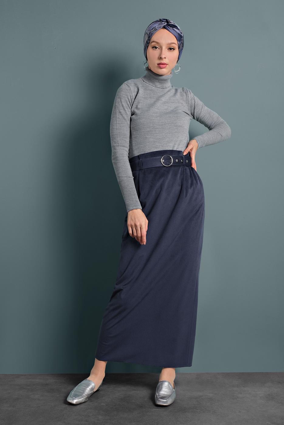 Tesettür giyim LACİVERT ALVİNA KEMERLİ KADİFE ETEK 60034	