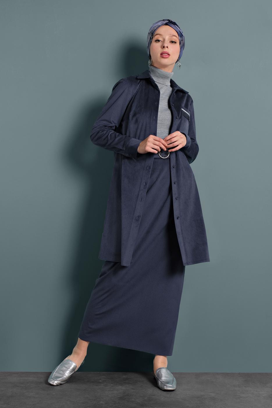 Tesettür giyim LACİVERT ALVİNA KEMERLİ KADİFE ETEK 60034	