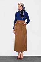Tesettür giyim TABA ALVİNA KEMERLİ KADİFE ETEK 60034	