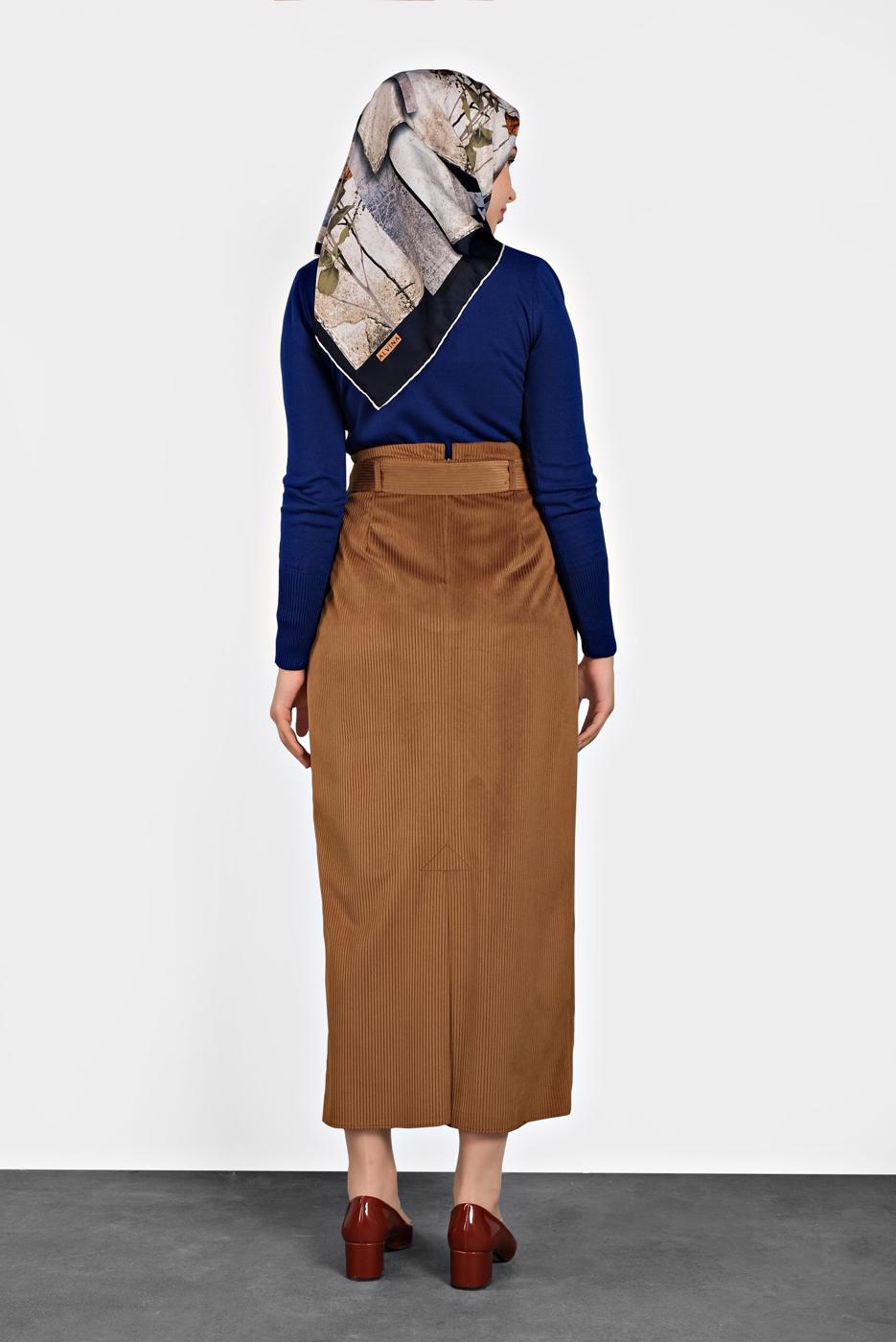 Tesettür giyim TABA ALVİNA KEMERLİ KADİFE ETEK 60034	