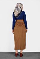 Tesettür giyim TABA ALVİNA KEMERLİ KADİFE ETEK 60034	