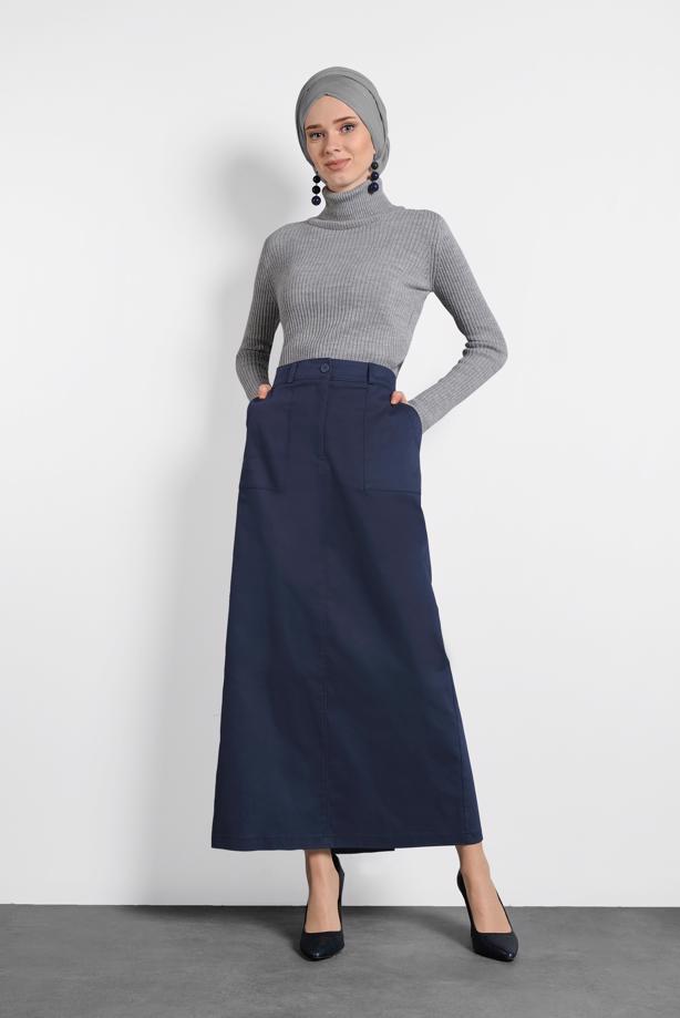 Tesettür giyim LACİVERT ALVİNA CEP DETAYLI ETEK 60037  - TRENDTESETTÜR