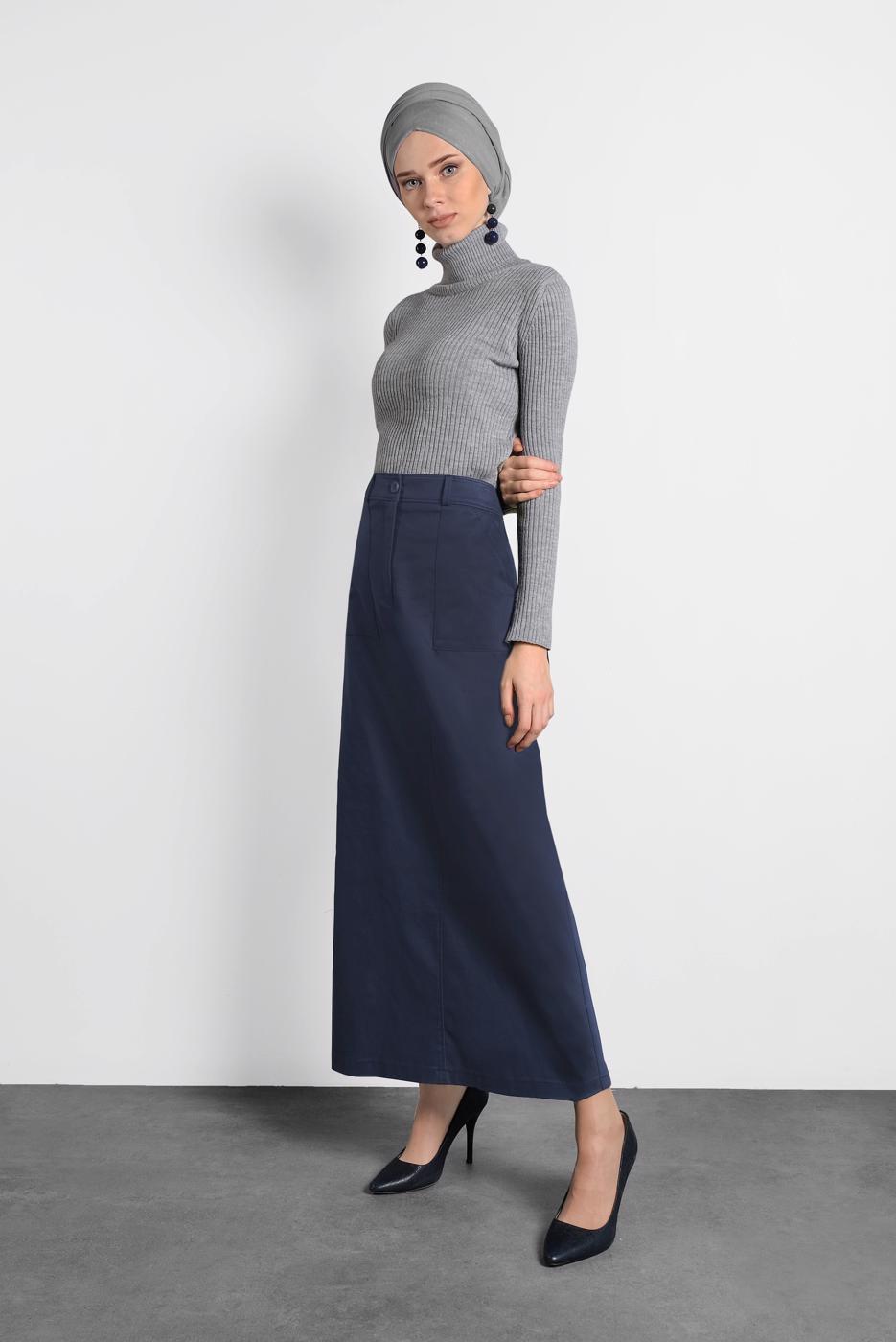 Tesettür giyim LACİVERT ALVİNA CEP DETAYLI ETEK 60037 