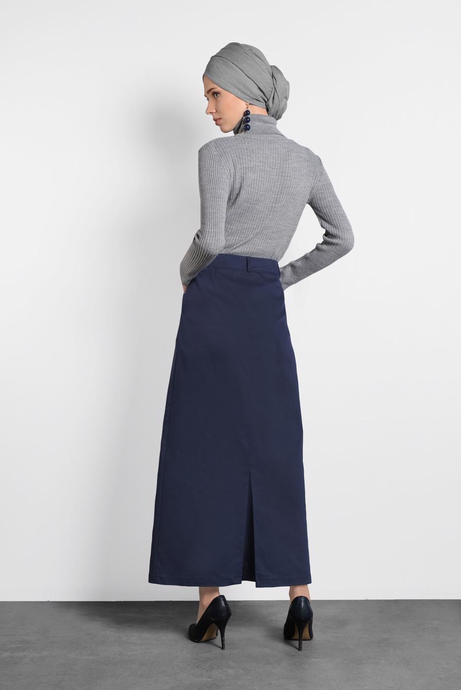 Tesettür giyim LACİVERT ALVİNA CEP DETAYLI ETEK 60037 