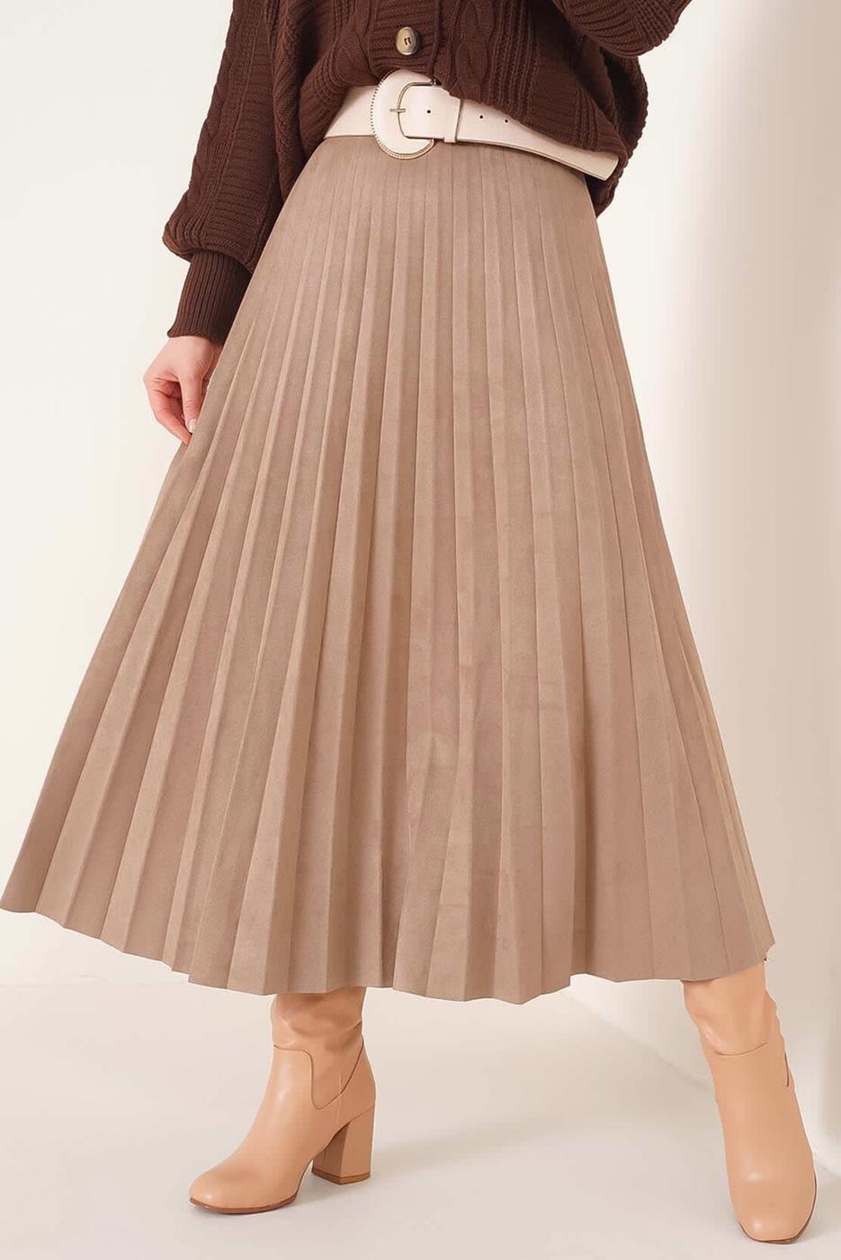 Tesettür giyim TABA PİLİSELİ SÜET ETEK T 4961