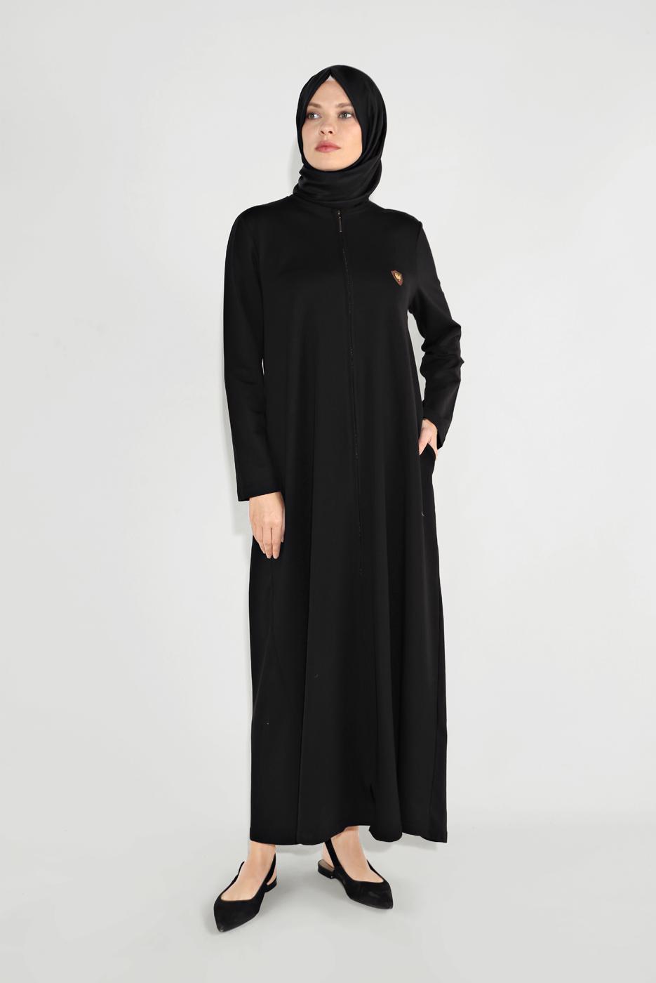 Vêtements hijab NOIR PARDESSU ZIPPÉ À TISSU FIN À COL ROND 25106