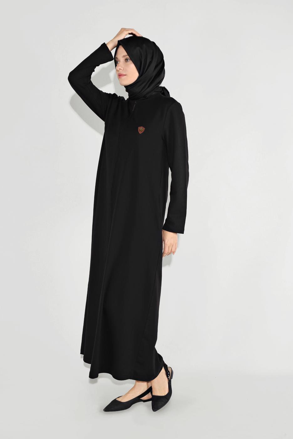 Vêtements hijab NOIR PARDESSU ZIPPÉ À TISSU FIN À COL ROND 25106