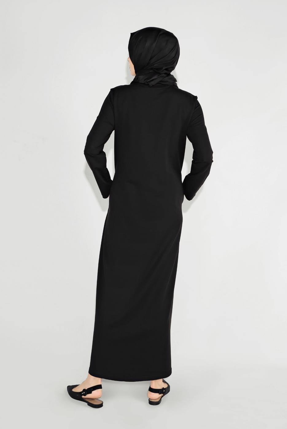 Vêtements hijab NOIR PARDESSU ZIPPÉ À TISSU FIN À COL ROND 25106