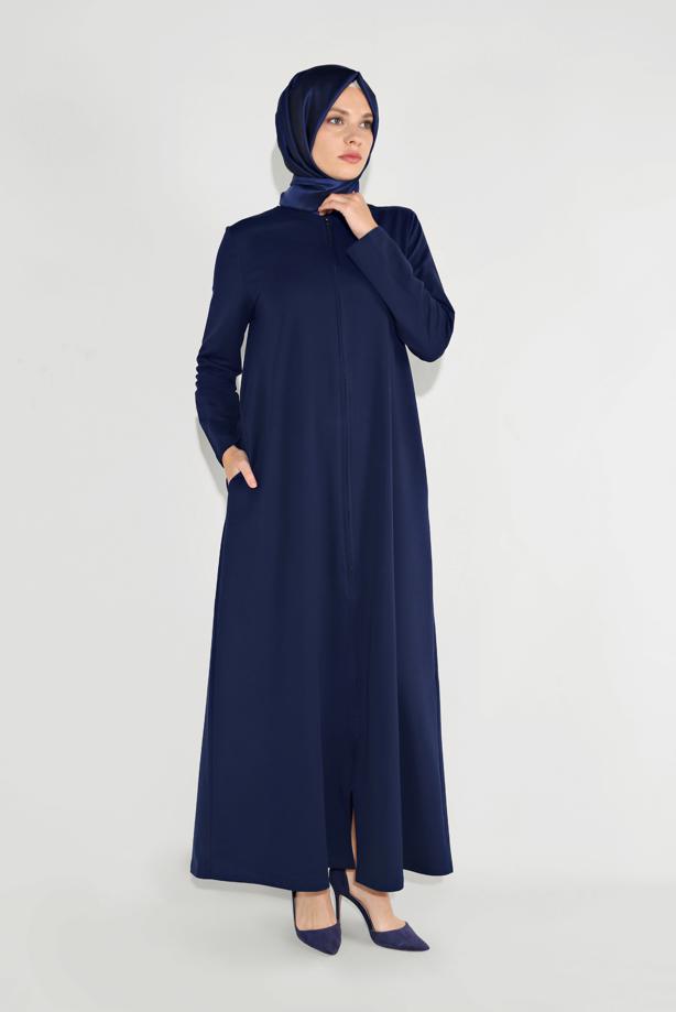 Tesettür giyim LACİVERT BİSİKLET YAKA FERMUARLI FERACE 25106 - TRENDTESETTÜR
